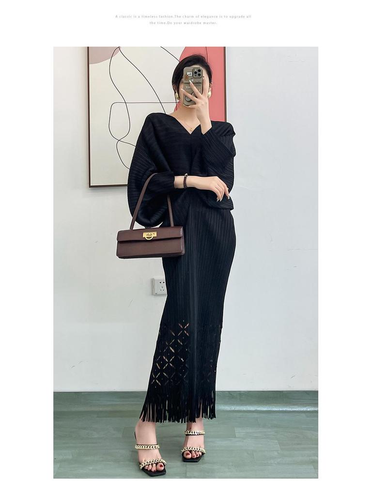 Miyake Pleated Large V-Neck Fishtail Tassel Dress with Bat Sleeves, 2025 Collection