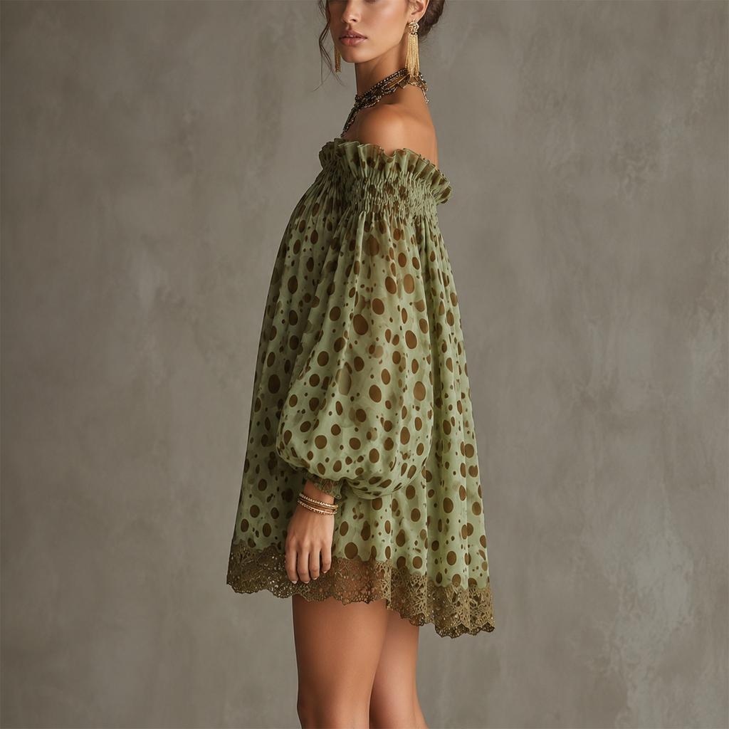 Women's Off-Shoulder Polka Dot Chiffon Puff Sleeve Dress