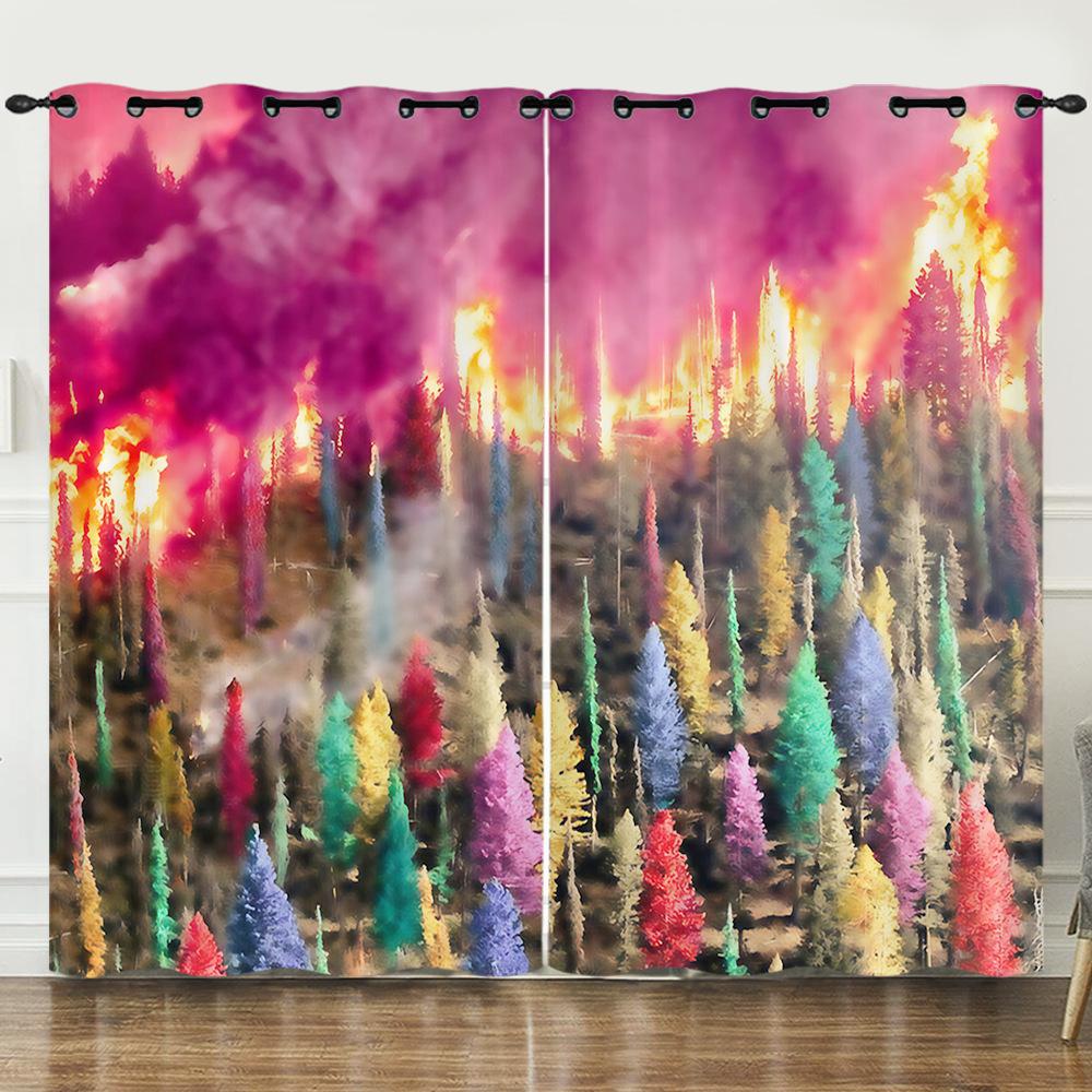 Curtain Oil Painting Landscape Firefly 3D Digital Printing Blackout Curtain Punching