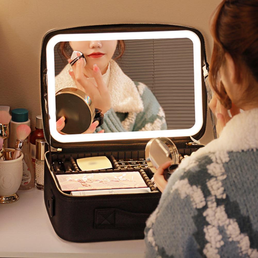 Smart LED Cosmetic Case with Mirror Cosmetic Bag Travel Makeup Bags for Women Fashion Portable Storage Bag