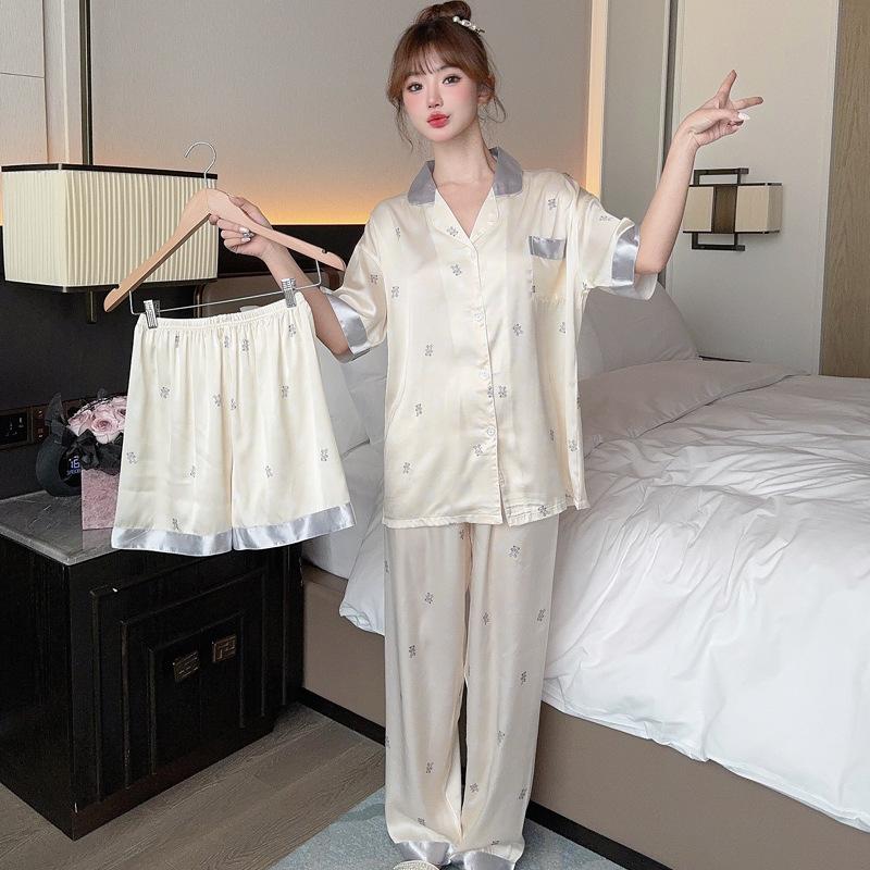 Fashion Sweet Bubble Bear Girl Loungewear Spring And Summer Cold Silk Short Sleeve Three-Piece Set