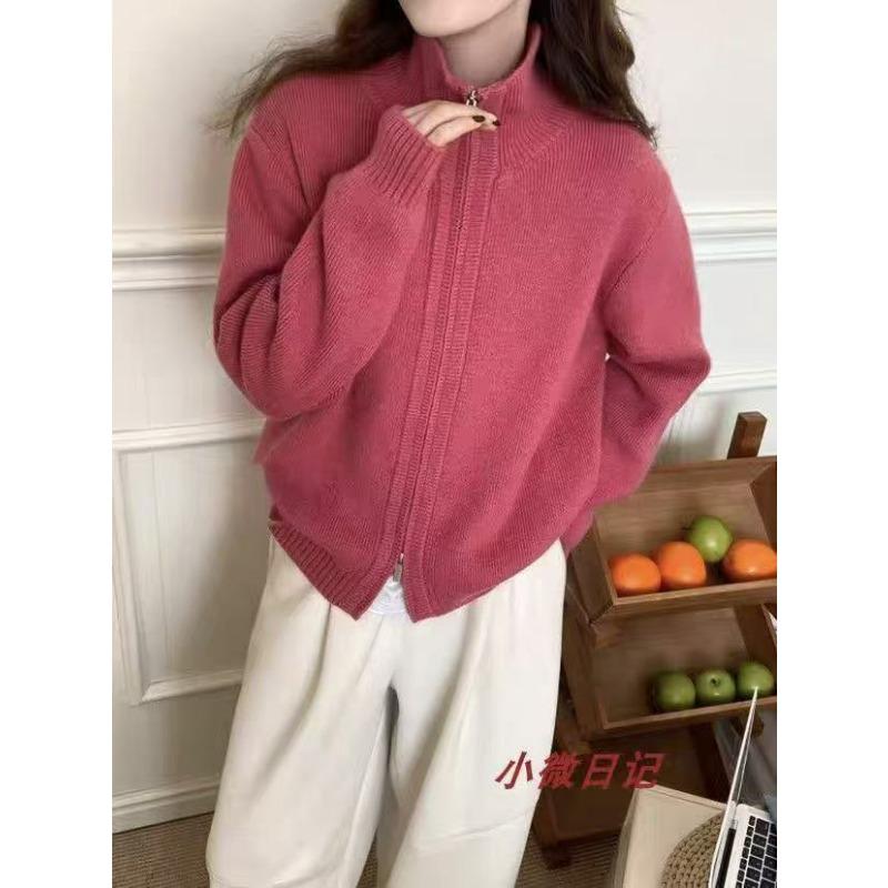 Autumn and winter new double zipper sweater jacket women's thick stand-up collar casual design short knitted cardigan women