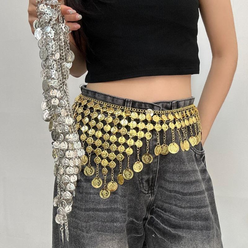 Mary Bohemian metal round sequined fringed waist chain, feminine fashion belly dance belt