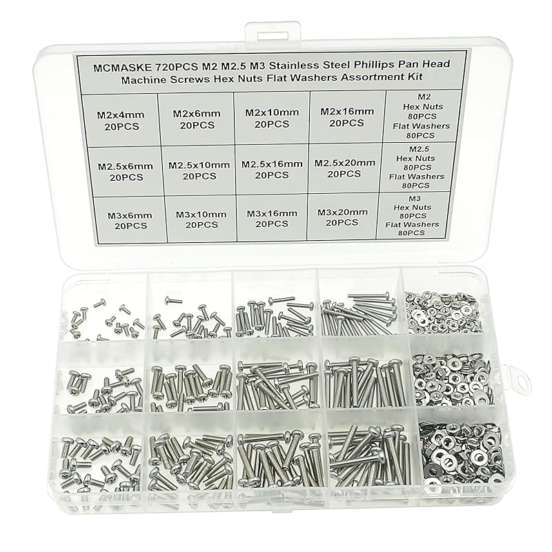 720PCS M2 M2.5 M3 Stainless Steel Phillips Pan Head Machine Screws Nuts Flat Washers Assortment Kit