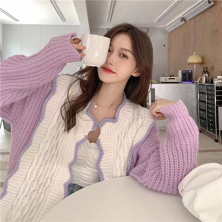 Purple Sweater Coat Autumn Women's Clothing Sweet Top Designed Niche Knitted Cardigan Early Spring Style