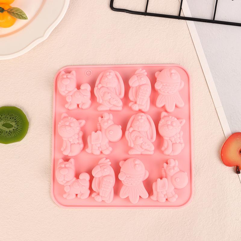 

12-гнездная силиконовая форма в форме животных для конфет, шоколада, пудинга, десерта, торта, кухонной выпечки, инструмента для изготовления свечей и мыла розовый