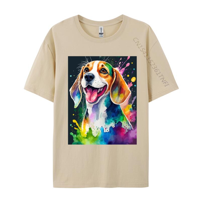 Beagle Dog Art Splash Colorful T Shirt Mens Pure Cotton Cute Style TShirts Crew Neck Tees Clothing Streetwear