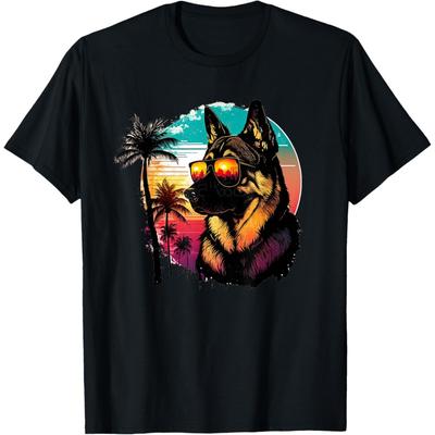 Funny German Shepherd Dog Sunglasses Sunset Vintage T-Shirt