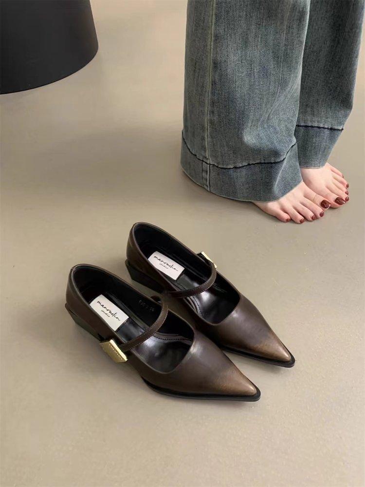 [Youshilai] Temperament Pointed Mary Jane Shoes Women's Autumn 2025 New Fashion Shallow Mouth One-word Strap Single Shoes
