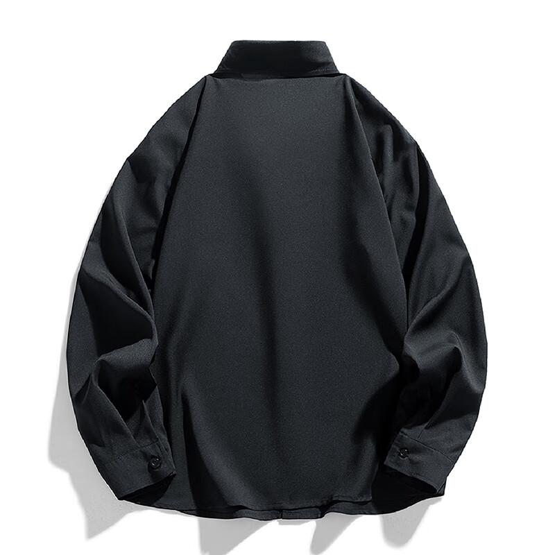 Mianzhi Men's Solid Color Long-Sleeve Draping Shirt, Hong Kong Style Casual Trendy Simple Top, Black, 3XL