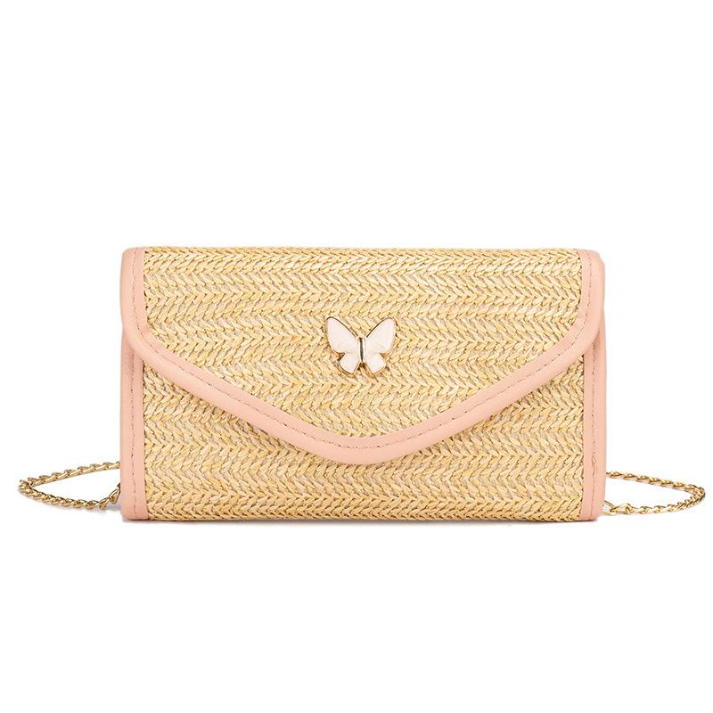 Straw Small Bag New Fashionable Women's Small Bag One Shoulder Crossbody Chain Bag Butterfly Woven Small Square Bag