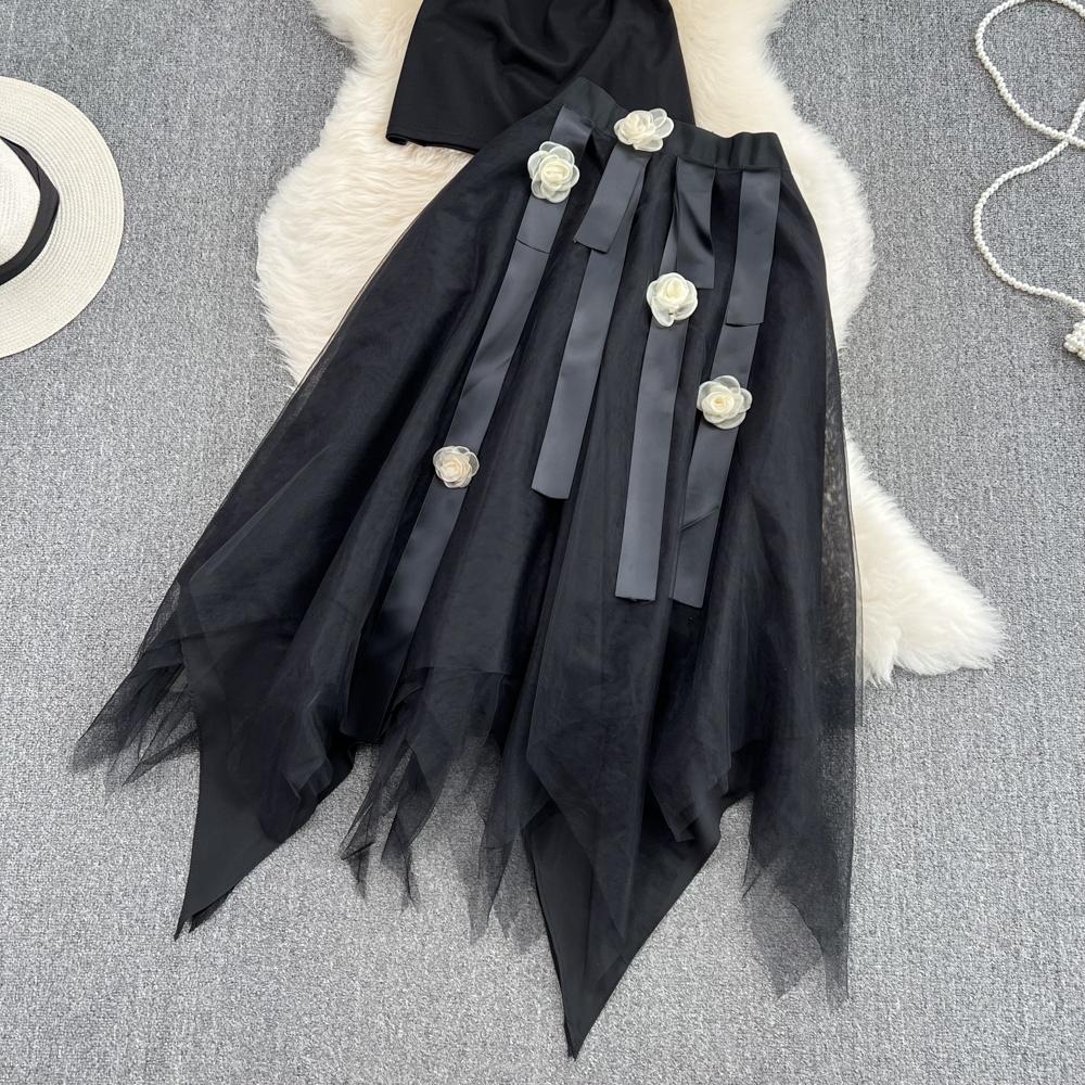 Fashion Suit Women Slanted Collar Off-Shoulder Slim Short Top Two Piece High Waist Irregular Mesh Skirt