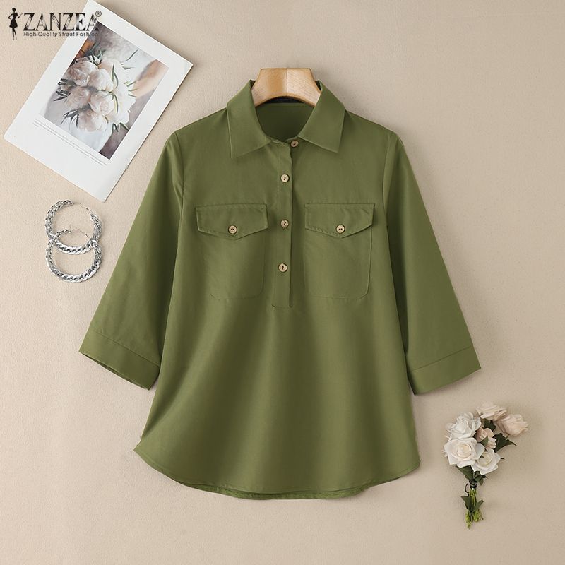 ZANZEA Women Casual Turn Down Collar 3/4 Sleeve Loose Blouse
