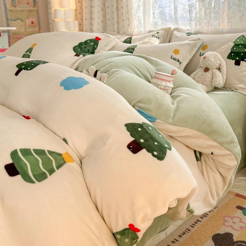 2024 New Class A Small Fresh Printed Milk Fleece Single Bedding Set Thick Warm Cartoon Quilt Cover Fall and Winter Duvet Cover