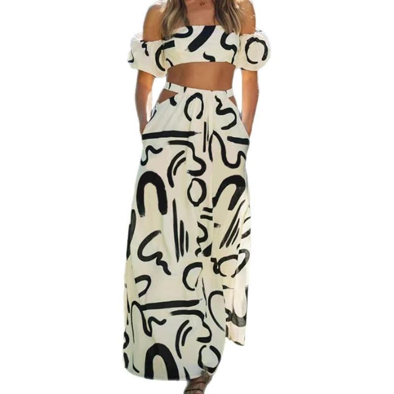 Top de vară cu mâneci umflate pentru femei. Costum cu fustă lungă scobit