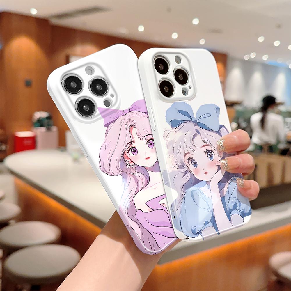 For iPhone 16 15 Samsung S23 S22 A13 A23 A52 A33 Huawei Honor Xiaomi Redmi OPPO Vivo Cat and Bow Girl Design Full Camera Protection Hard Phone Case