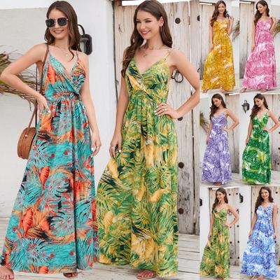 Sexy Bohemian Women V Neck Suspender Printed Dress Long Skirt