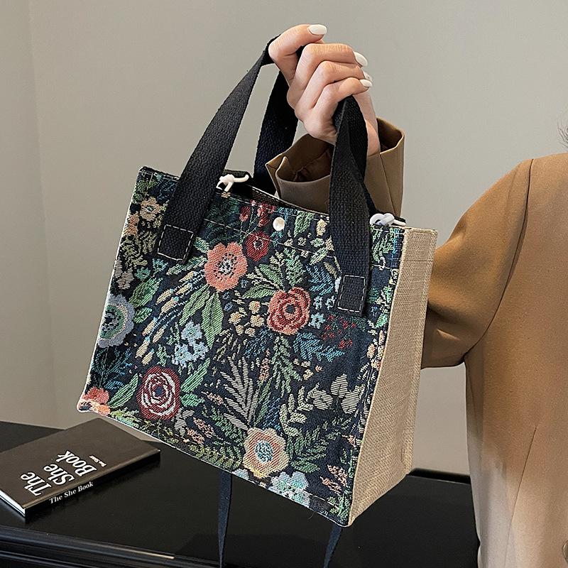 Medium Sized Floral Linen Woven Bag for Women Fashion Crossbody Bag for Women Ins Large Capacity Single-shoulder Handbag for Women