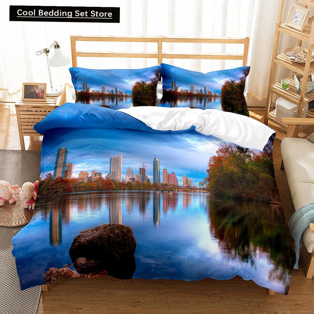 Comforter Cityscapes King Queen Tall Buildings Landscape Bedding Set Busy Traffic View Polyester Comforter
