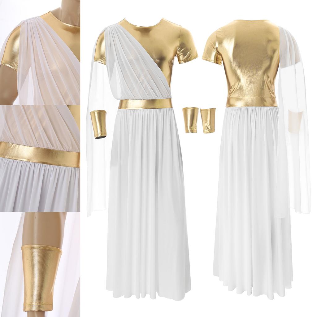 Men's Halloween Toga Outfit - Metallic Patchwork Pullover Tunic with Gloves & Wristbands for Greek/Roman Theme