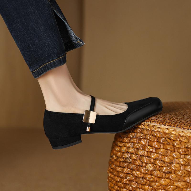 New Women's Low-heeled Flat Shoes Casual Women's Single Shoes Black Four-season Wear Square Head and One Pedal Cover Lazy Shoes