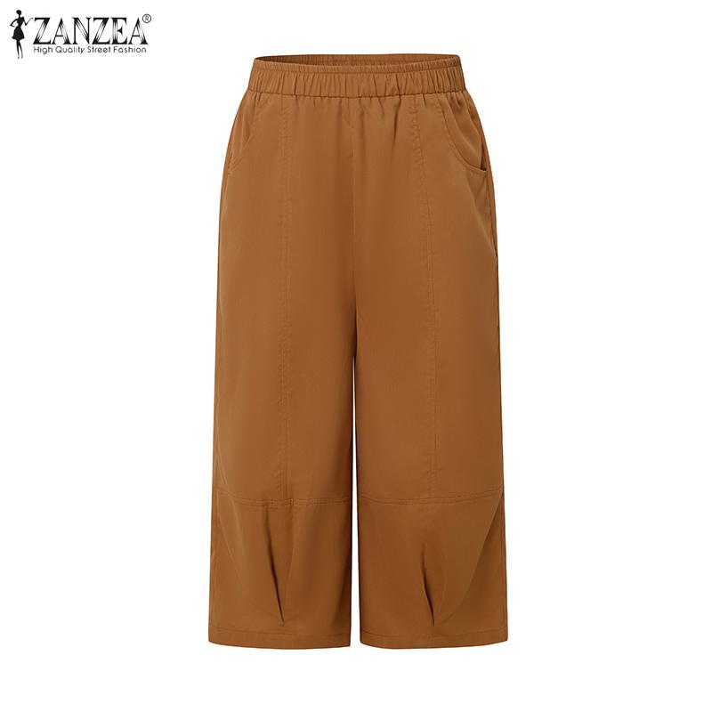 ZANZEA Women Casual Elastic Waist Loose Summer Capri Pants