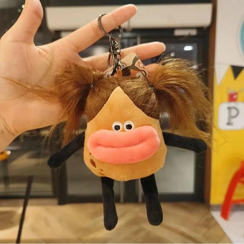 12Cm Explosions Fried Potato Sausage Mouth Keychain Plush Toys Funny Big Eyes Pendant Doll Bag Keychain Car Pendant Best Gifts