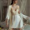 Xianyi Pajamas Women's Summer Pure Desire Wind Thin Lace Suspender Sexy Nightdress Simulation Silk Deep V Morning Robe Three-piece Set 464
