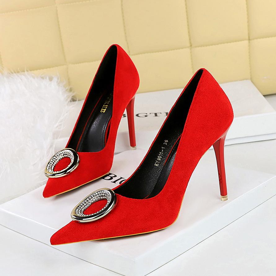 Pantofi de damă cu corecție pentru picioare pentru slăbire, tocuri super înalte, piele întoarsă, gură adâncă, cataramă ascuțită cu strasuri metalice, pantofi simpli cu toc înalt