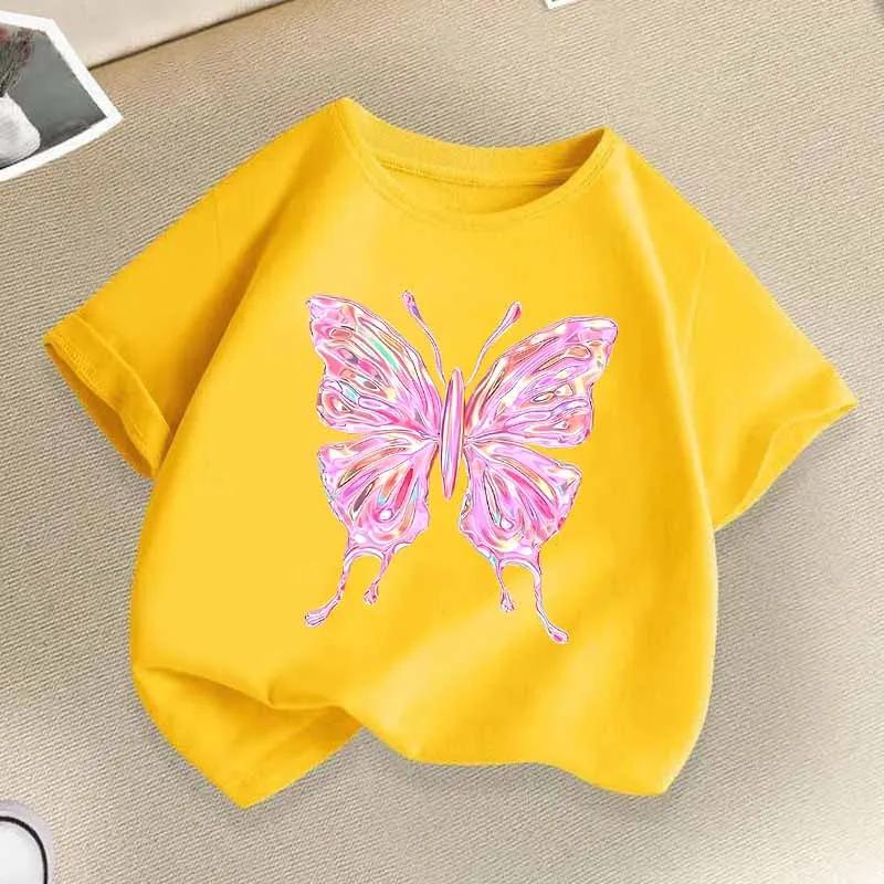 Beautiful Butterfly Print T Shirts For Girls Summer Children Casual Cute Colorful Tops Kids Comfortable Oneck Short Sleeve Tees