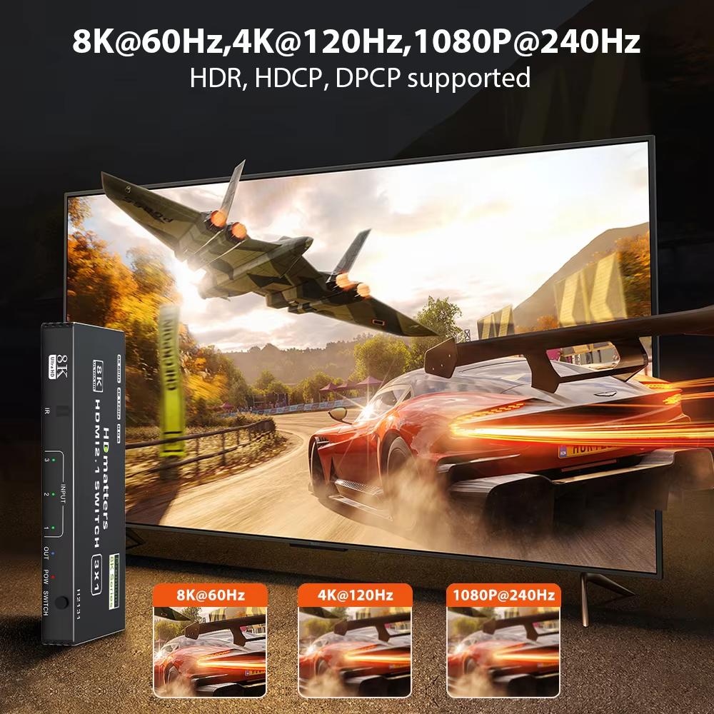 HDMI 2.1 Switch Splitter 120Hz 5/4/3-Port HDMI 8K@60Hz Splitter Switcher CEC 48Gbps  with Remote HDMI HDR IR Remote 4K@120Hz 2K