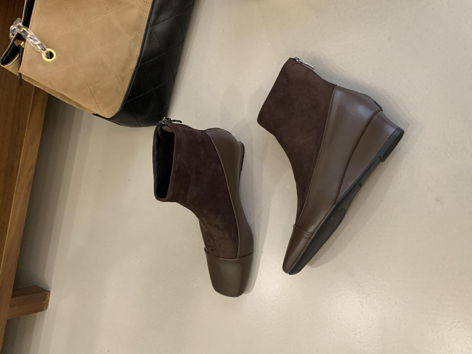 

Niche design sense 2025 spring, autumn and winter new European and American retro thin wedge heel splicing brown short boots women 39 темно-коричневого