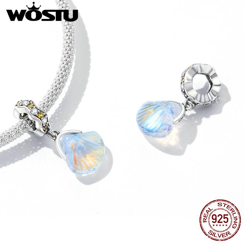 WOSTU 925 Sterling Silver Glazed Shell Charm Pendant Fit Original Bracelet Necklace For Women Jewelry
