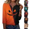 Women's Casual Halloween Print V Neck Button Front Three Quarter Sleeve T Shirt Top with Spooky Haunted House Design for Fall