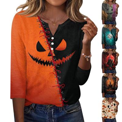 Women's Casual Halloween Print V Neck Button Front Three Quarter Sleeve T Shirt Top with Spooky Haunted House Design for Fall