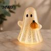 Cute Halloween Desk Accessory Cracked Ghost Figurine Light, Table Centerpiece, LED Light-up Party Centerpiece Holding Pumpkin Ornament for Home Mantel