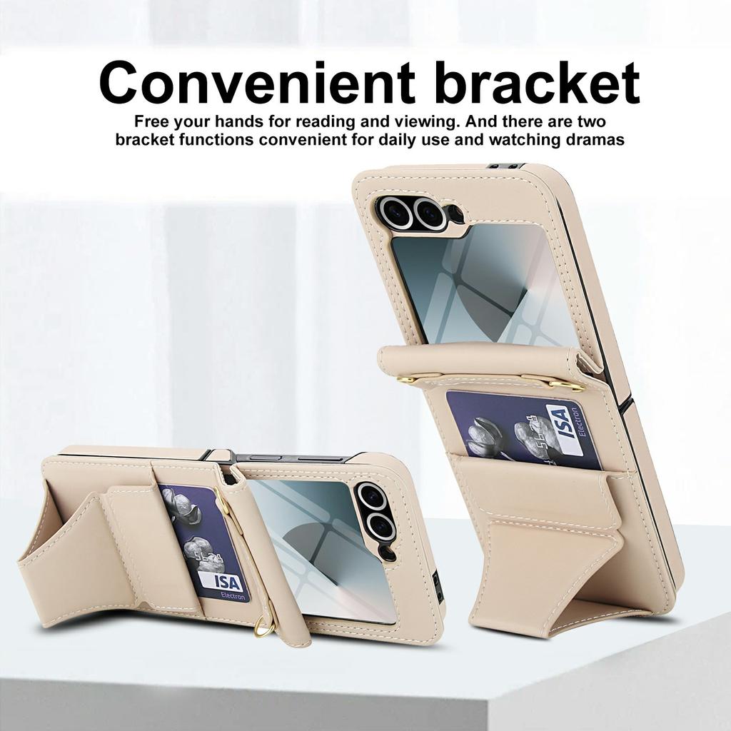 For Samsung Galaxy Z Flip5 5G Case Kickstand Leather+PC Folding Phone Cover with HD Screen Protector/Straps