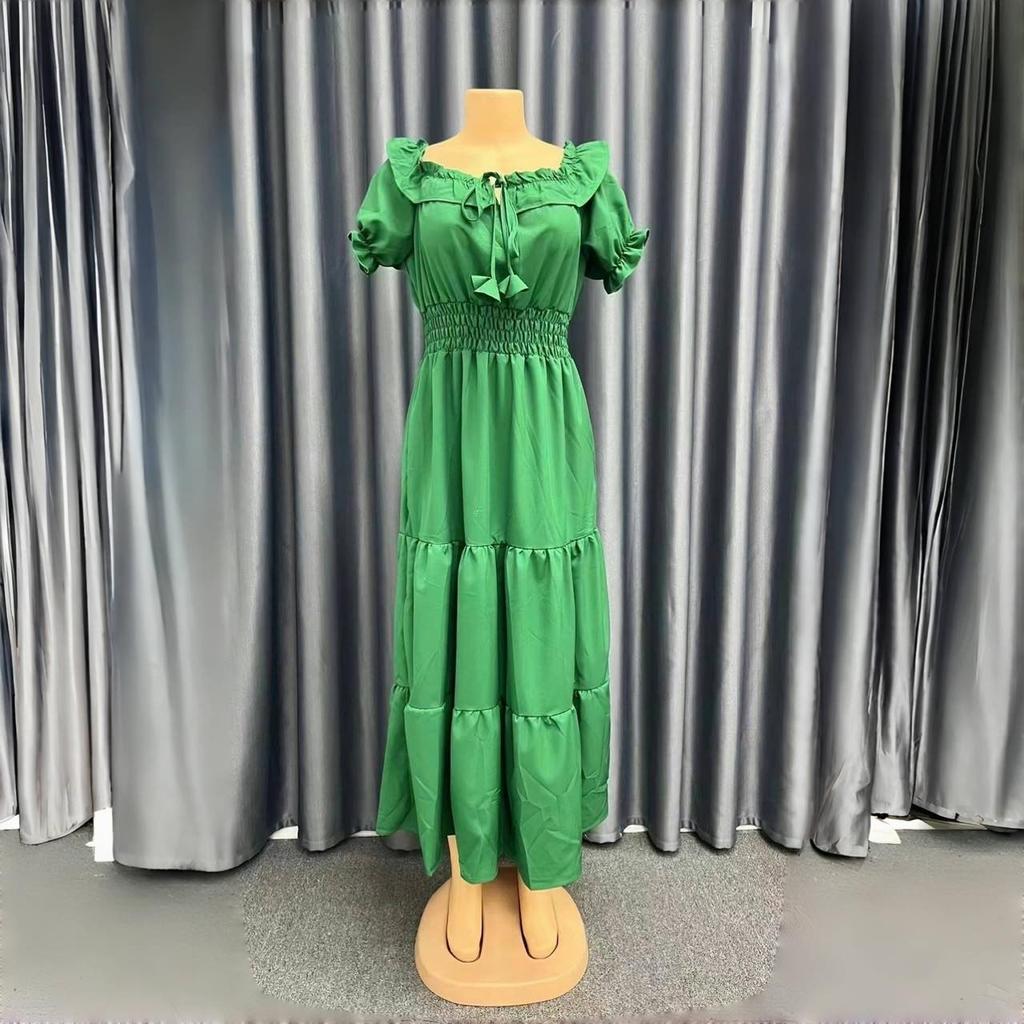 LYRIA Solid Boho Dress Women Fashion Elegant Beach Party Dress Casual Slash Neck Office Maxi Dresses For Woman Robe Femme