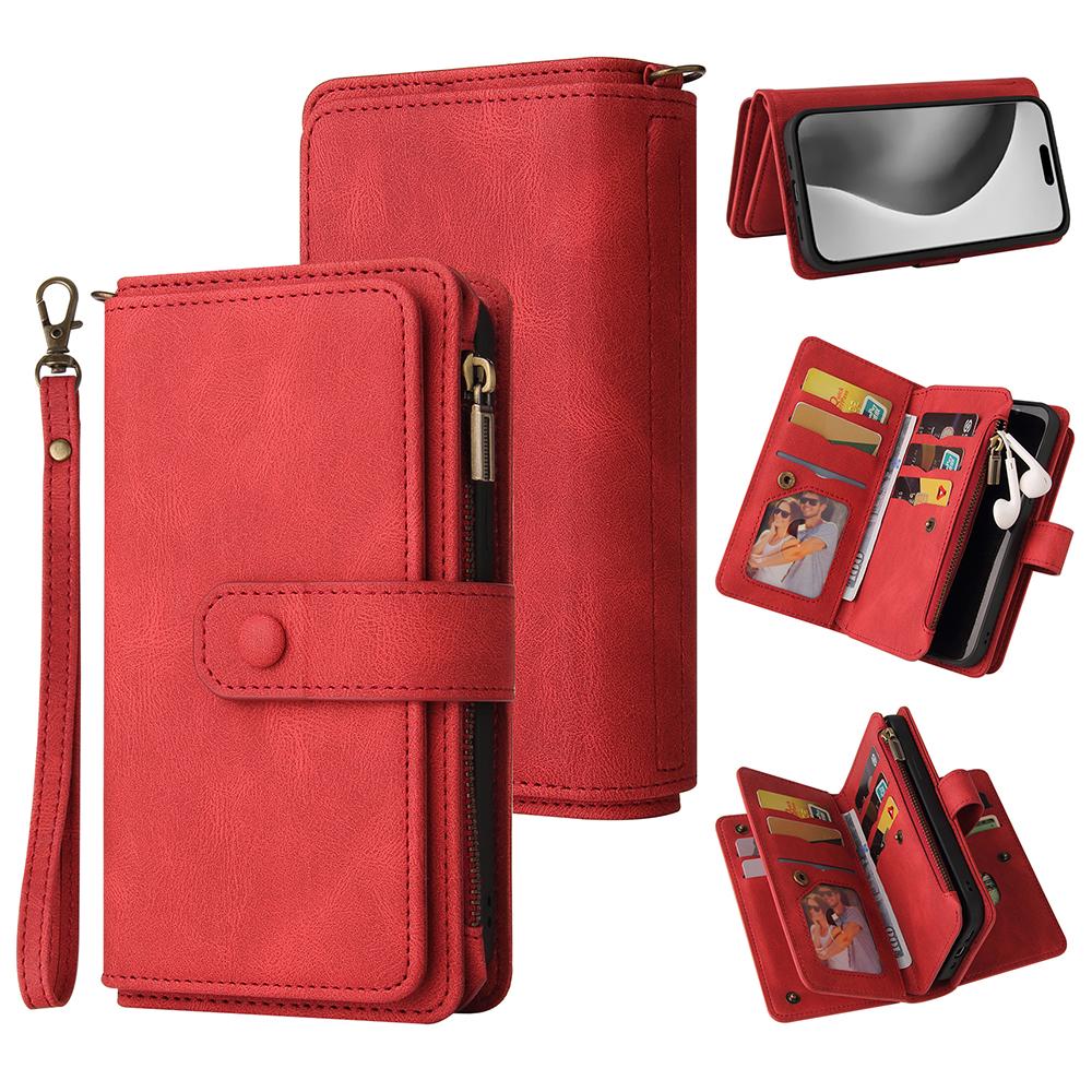 

Для iPhone 16 Pro Max Чехол-кошелек на молнии с 15 отделениями для карт и ремешком Кожаный чехол для телефона Red