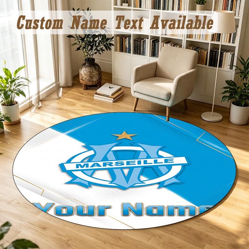 Round Rug Custom NameOlympique Marseille FC Pattern Non Slip Carpet Home Floor Decor