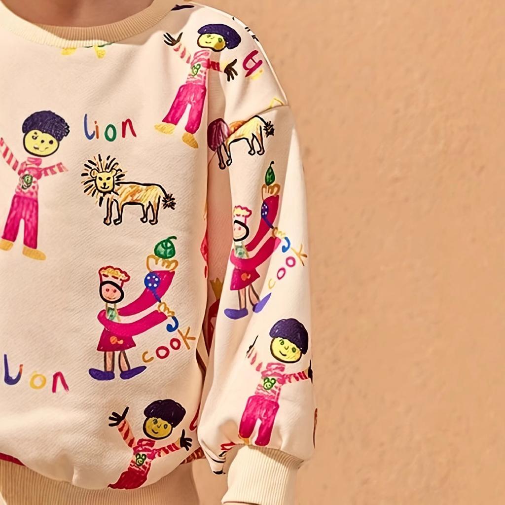 Girls' Graffiti Printed Round Neck Long Sleeve Suit Autumn Children's Round Neck Long Sleeve Hoodie & Pants Suit