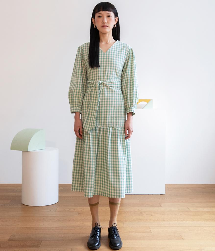 Watch Out Baby Long Frill Tie Dress_Green Check