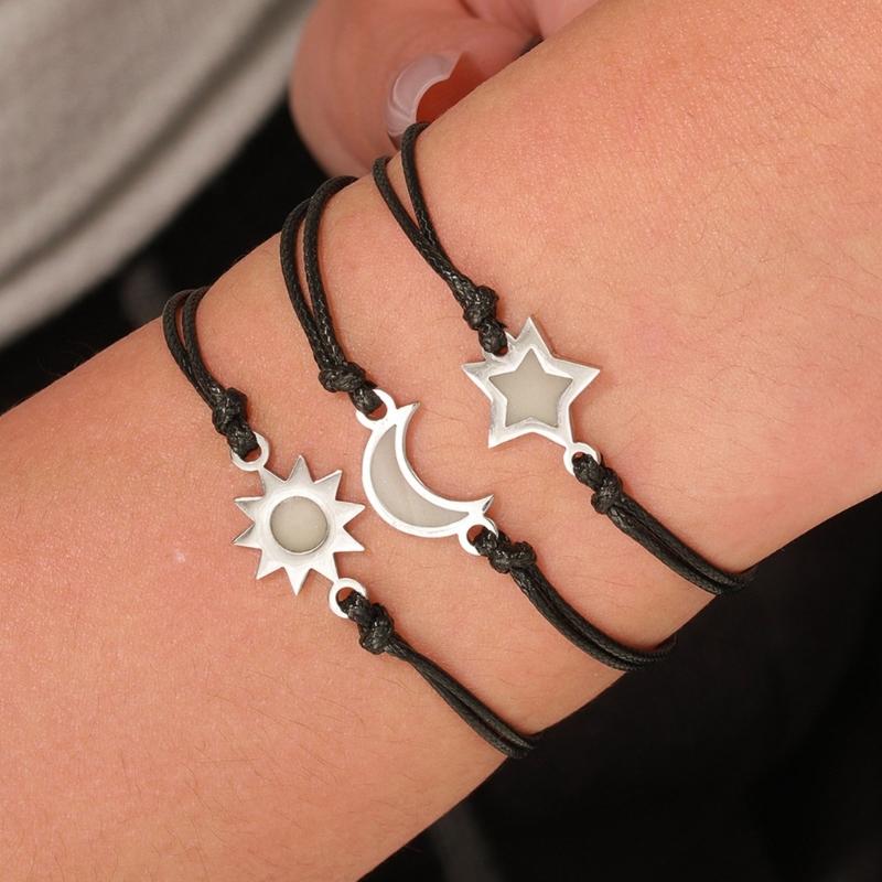 3Pieces Elegant Friendship Bracelets for Best Friend Couples Moon Sun Star Pendant Wrist Chain Adjustable Handmade Cord