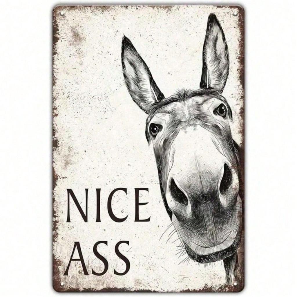 Vintage Metal Donkey Tin Sign – Funny Bathroom Decor, Humorous Farmhouse Toilet Wall Art, Cute Gift for Donkey Lovers