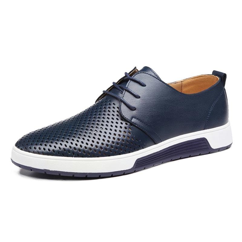 Men's British Style Summer Leather Shoes: Hollow Design, Large Size, Round Toe for Casual and Business Wear.