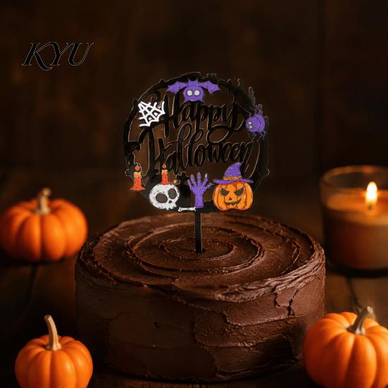 Party Favors for Halloween Cake Topper, Acrylic Castle Bat Skull Cupcake Decoration Party, Decorations Spooky Birthday Insert with Pumpkin Ghost,