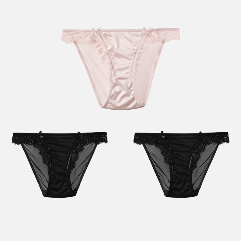 CINOON 3Pcs/Lot Women's Satin Sexy Briefs Lace‑Trim Mesh Spliced Panties Bow‑decor Solid‑Color Hollow‑out Bikini Briefs