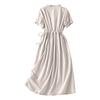 Women Casual Linen Cotton Dress Short Sleeve Shirt Dress with Button Front Waist Drawstring Midi Length Summer Dress