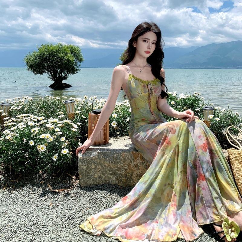 Seaside Vacation Smudge Elastic Mesh Waist Fishtail Suspender Dress Niche Long Dress Women