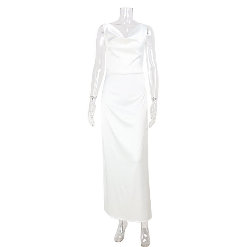 Women s Sleeveless Deep V Neck Draped Maxi Dress Solid White Elegant Casual Dress S